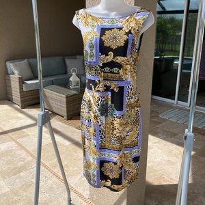 Cache Bodycon Sheath Dress Black Blue Gold Animal Floral and Chain Print Size 4